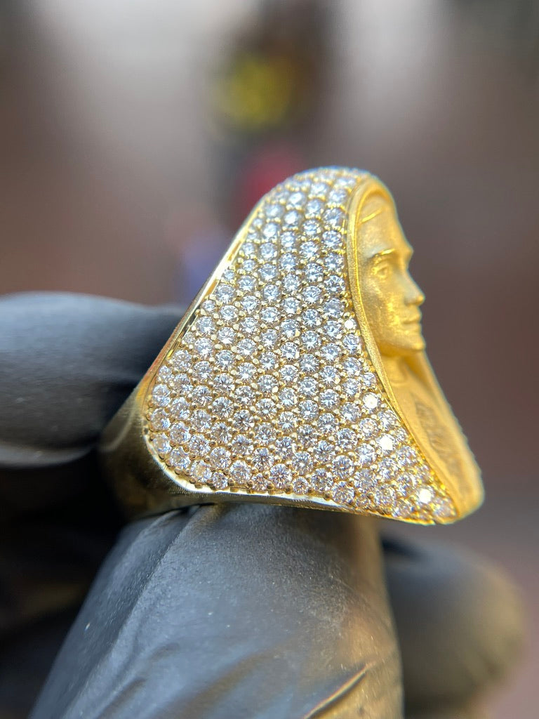 Virgin Mary Diamond Veil Ring showing the satin-finish face against a domed pave mantle