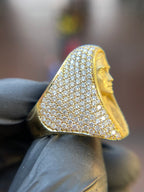 Virgin Mary Diamond Veil Ring showing the satin-finish face against a domed pave mantle