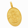 Solid gold Virgin Mary Oval Pendant, Our Lady on clouds in a full ray burst inside an oval rim