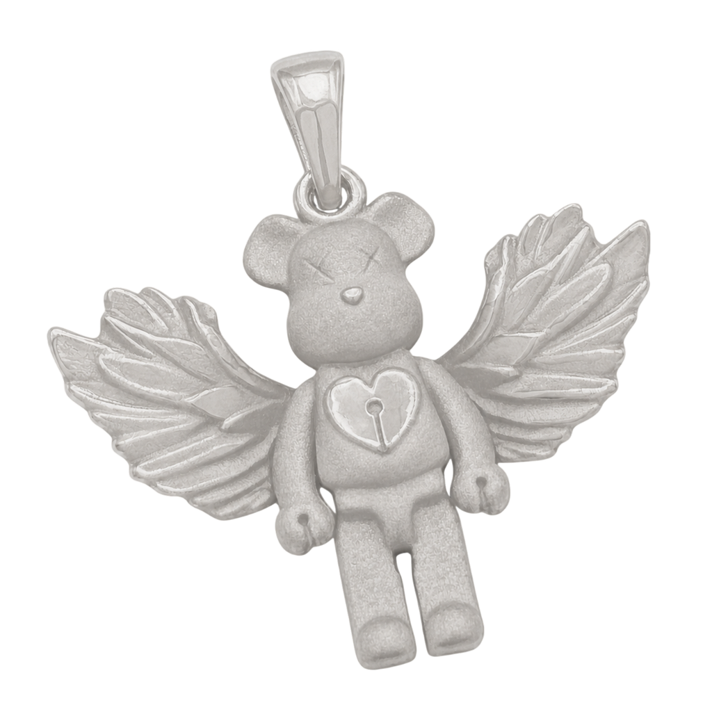 Bear Figure with Angel Wings pendant in white gold