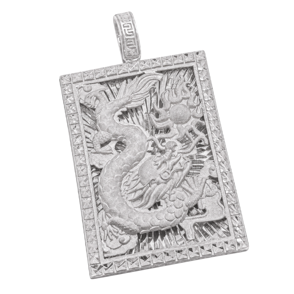Diamond-Cut Dragon Portrait pendant in white gold