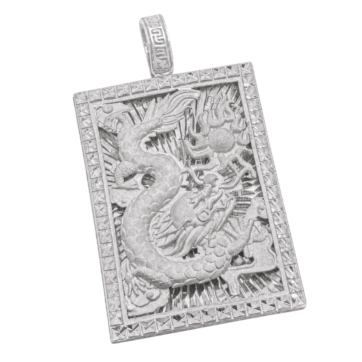 Diamond-Cut Dragon Portrait pendant in white gold