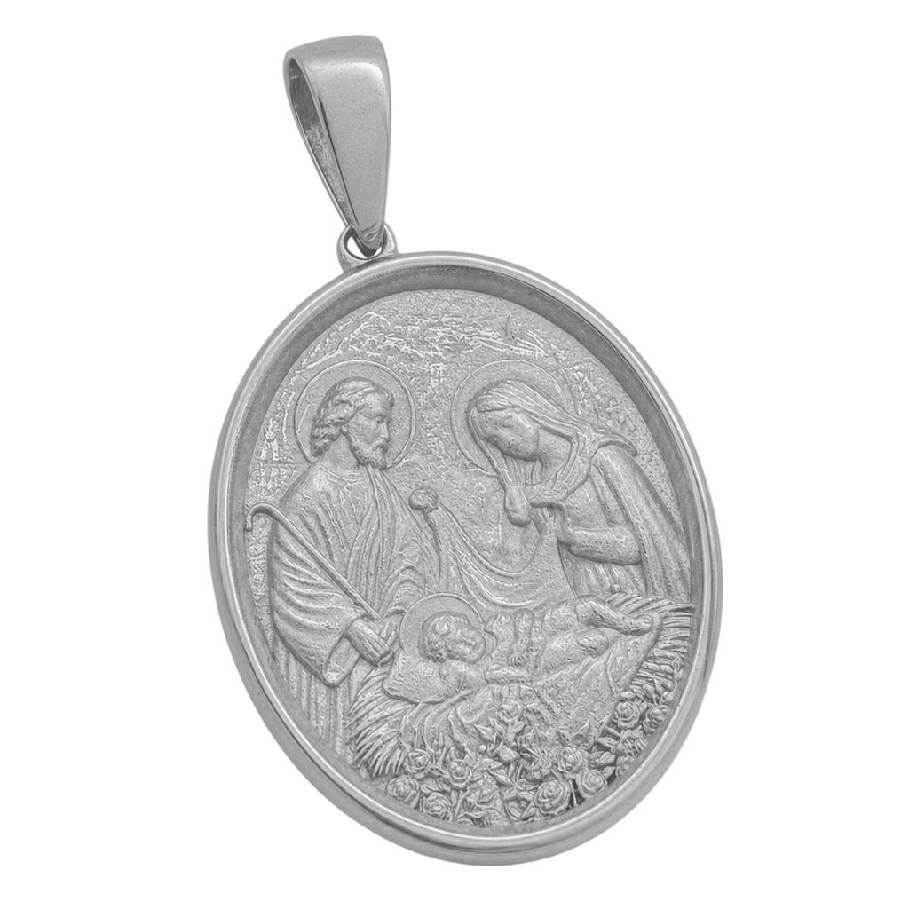 Holy Family Oval gold pendant in white gold
