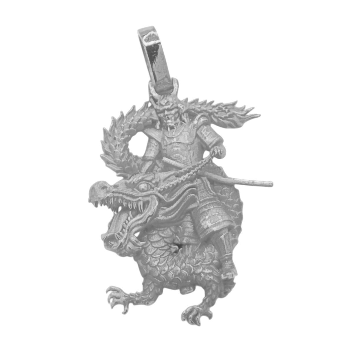 Samurai Riding Dragon gold pendant in white gold