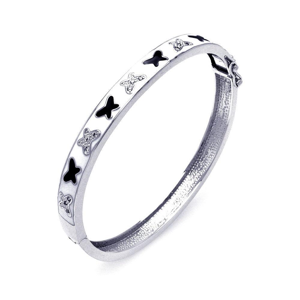 Sterling Silver Rhodium Plated White Enamel Butterfly Design CZ Bangle Bracelet - BGG00028
