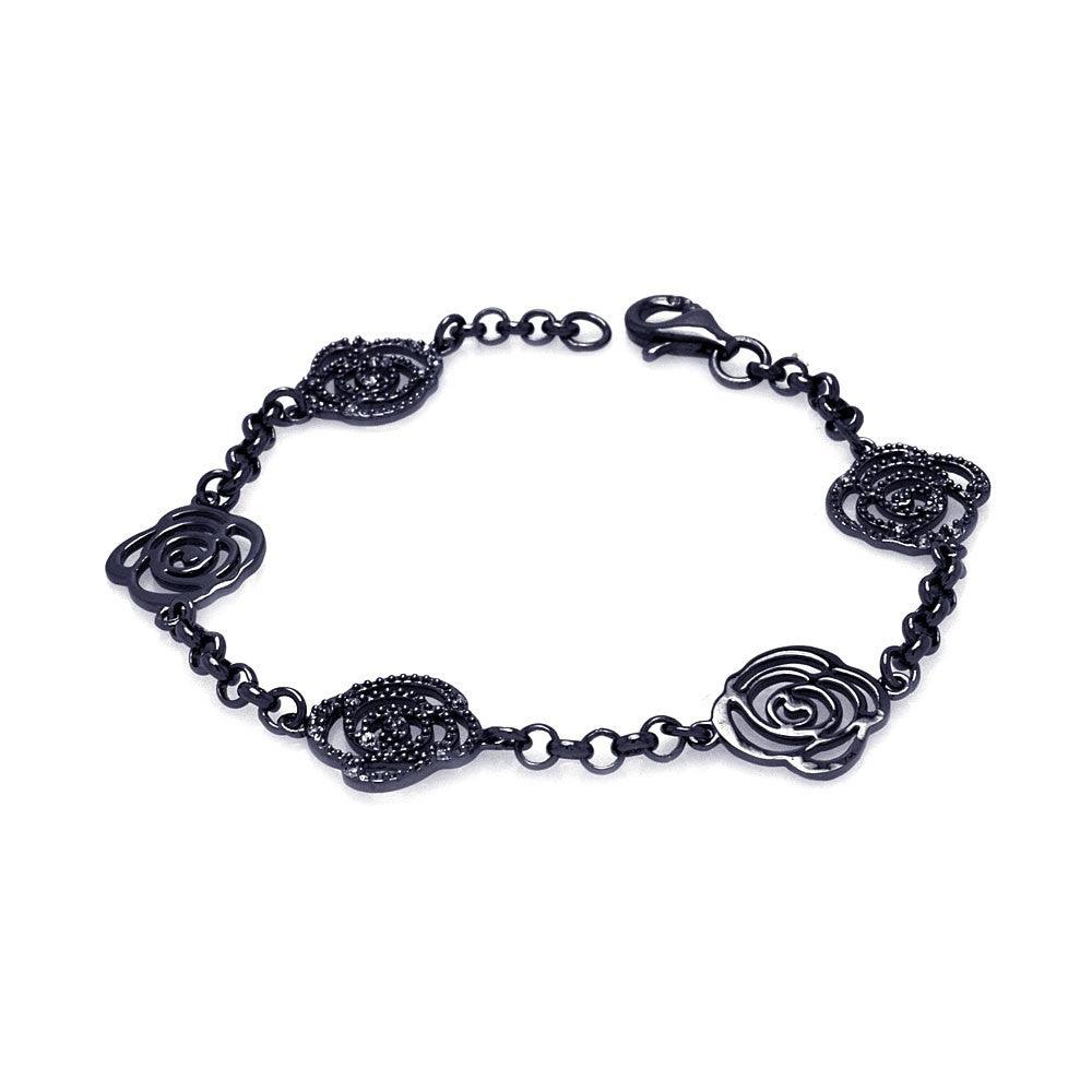 Silver 925 Black Rhodium Plated Open Flower Outline Bracelet - BGB00074