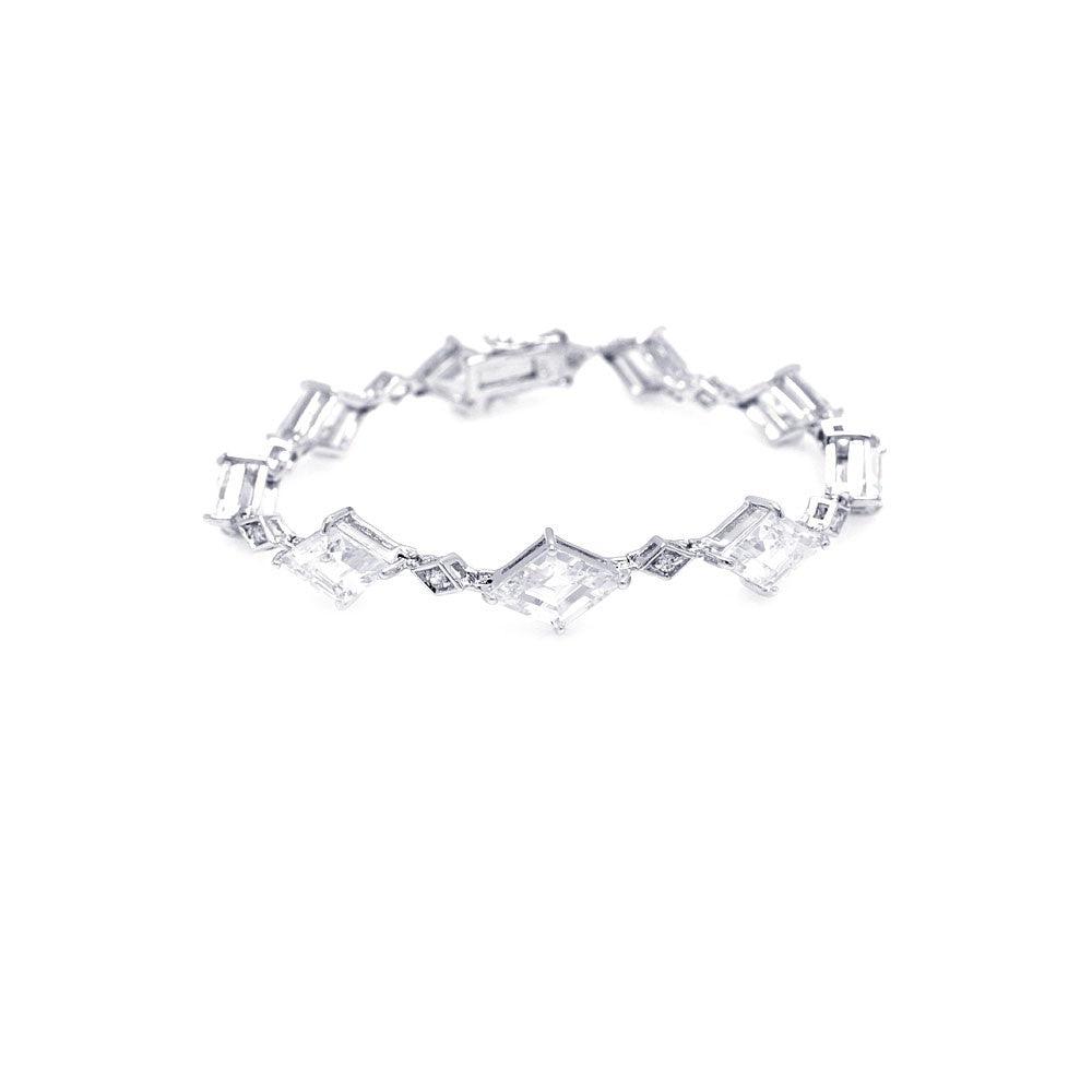 Silver 925 Rhodium Plated Diamond Shape Clear CZ Link Bracelet - STB00006