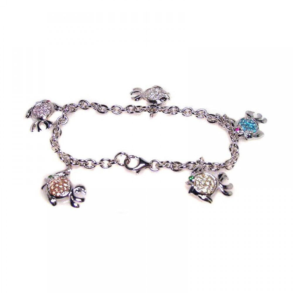 Silver 925 Rhodium Plated Multi Color CZ Dangling Fish Bracelet - STB00053