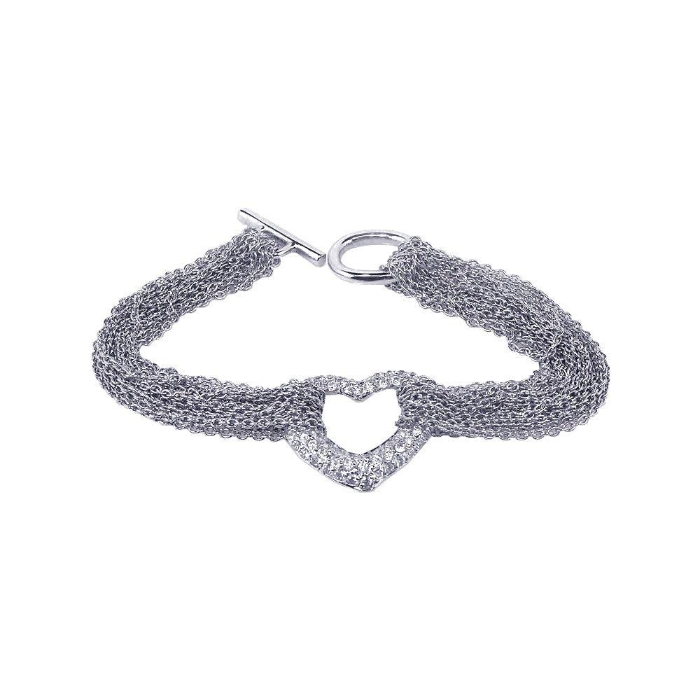 Silver 925 Rhodium Plated Multi Chain Open Heart Micro Pave Clear CZ Bracelet - STB00260