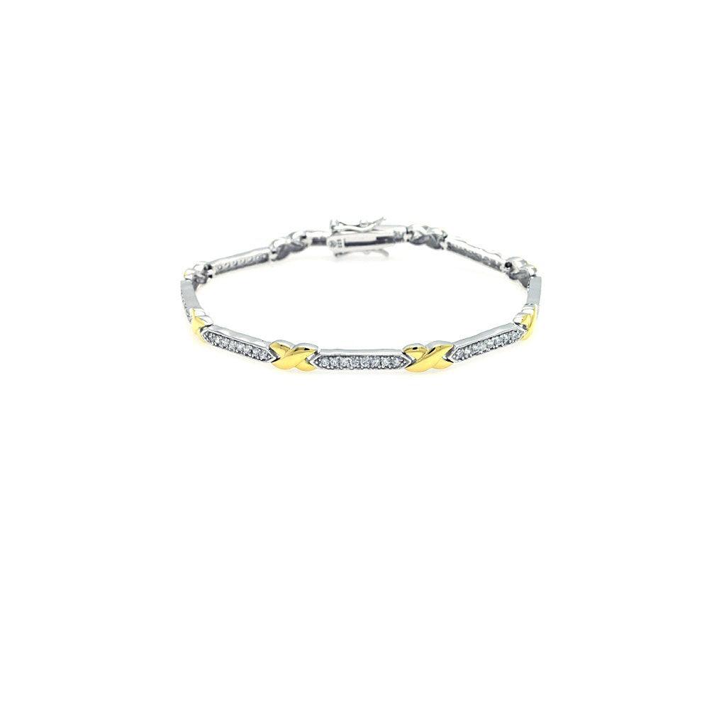 Silver 925 Rhodium and Gold Plated Two Tone Clear CZ Tennis Bracelet - STB00376