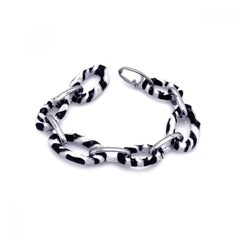 Silver 925 Rhodium Plated Black and White Enamel Zebra Print Open Link Bracelet - STB00417