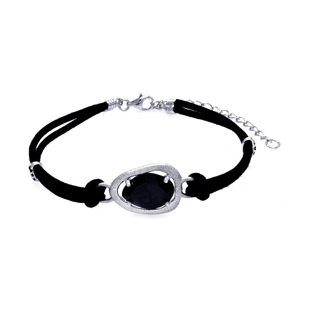 Silver 925 Rhodium Plated Black CZ Black Leather Cord Bracelet - STB00436