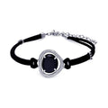 Silver 925 Rhodium Plated Black CZ Black Leather Cord Bracelet - STB00437