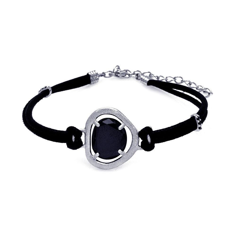 Silver 925 Rhodium Plated Black CZ Black Leather Cord Bracelet - STB00437