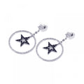 Silver 925 Black and Silver Rhodium Plated Open Circle Star CZ Dangling Earrings - BGE00072
