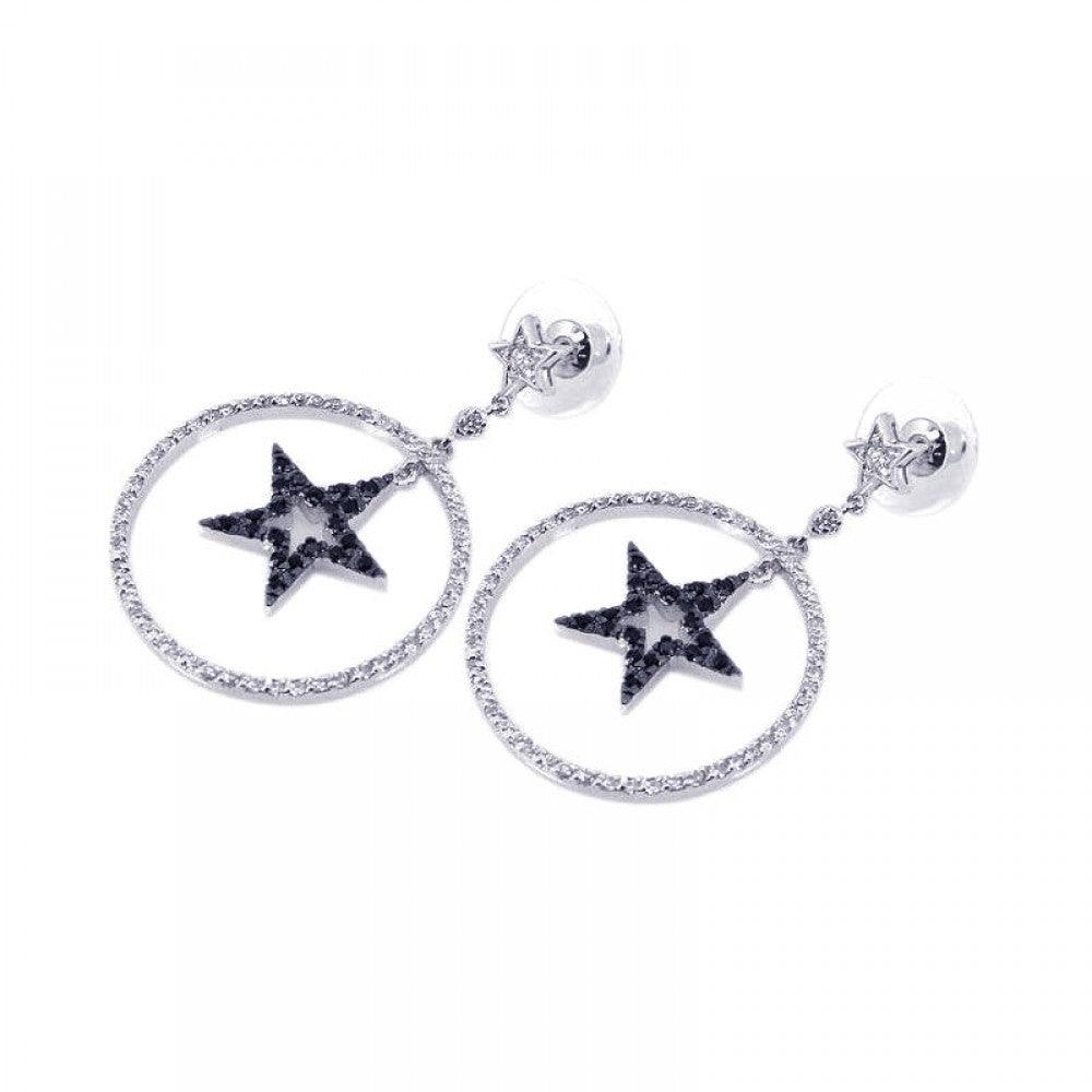 Silver 925 Black and Silver Rhodium Plated Open Circle Star CZ Dangling Earrings - BGE00072