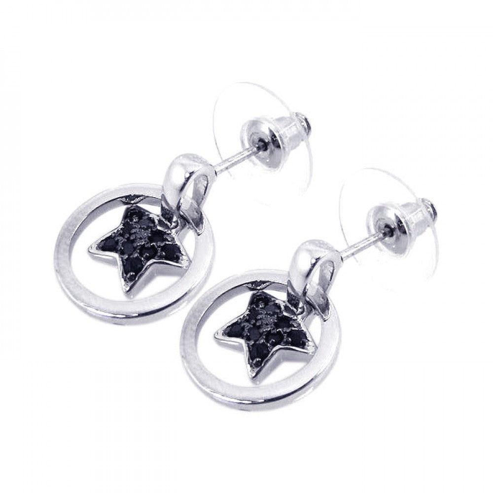 Silver 925 Black and Silver Rhodium Plated Open Circle Heart CZ Dangling Stud Earrings - BGE00080