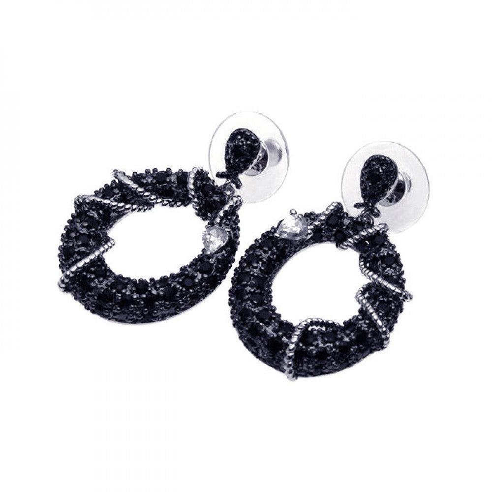 Silver Black 925 Silver Rhodium Plated Heart CZ Dangling Stud Earrings - BGE00091