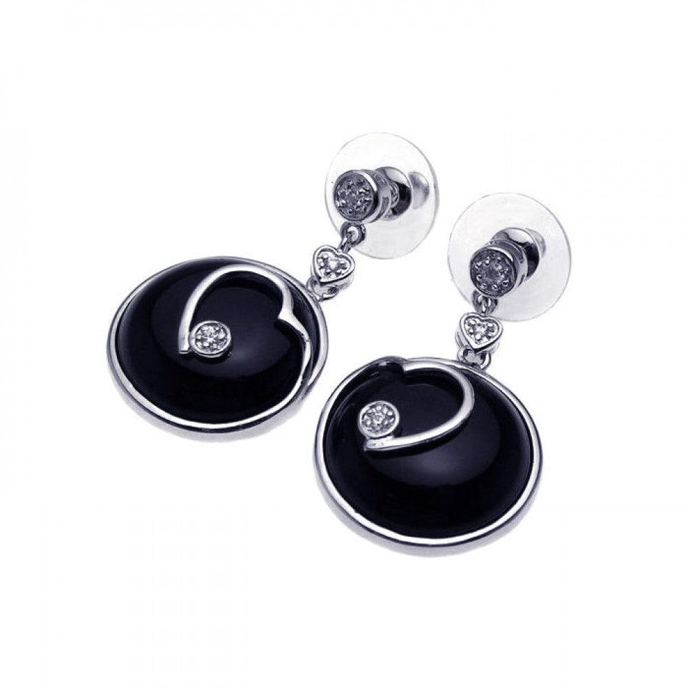 Silver 925 Rhodium Plated Heart Black Onyx CZ Dangling Earrings - BGE00092