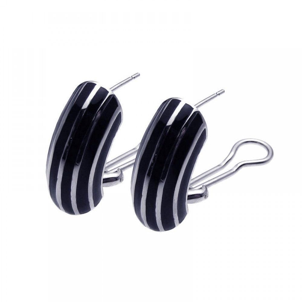 Silver 925 Rhodium Plated Strip Enamel CZ Lever Back Earrings - BGE00095