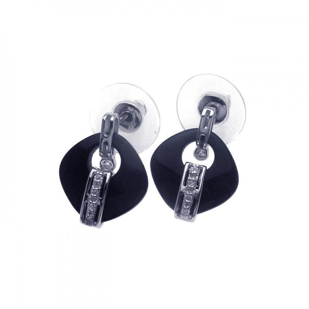 Silver 925 Rhodium Plated Square Onyx CZ Dangling Stud Earrings - BGE00109