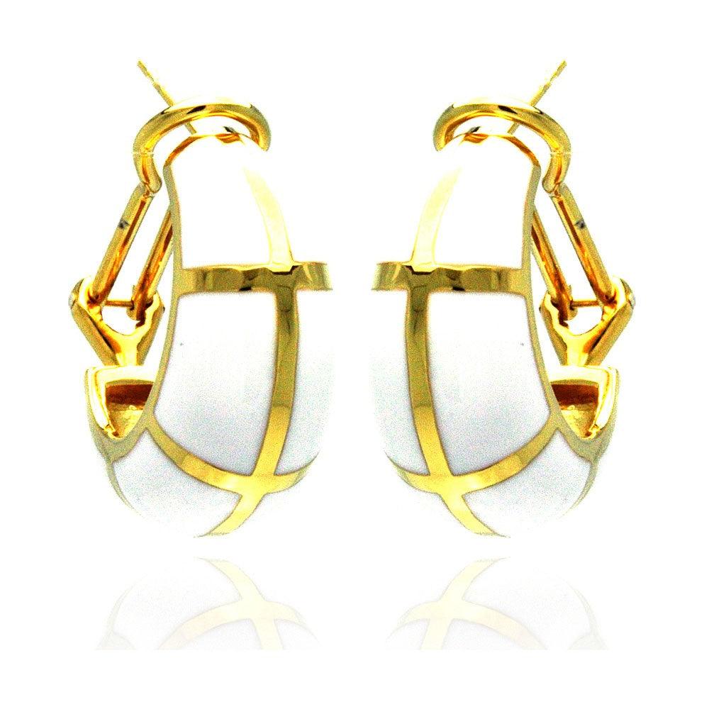 Silver 925 Gold Plated White Enamel Lever Back Earrings - BGE00129