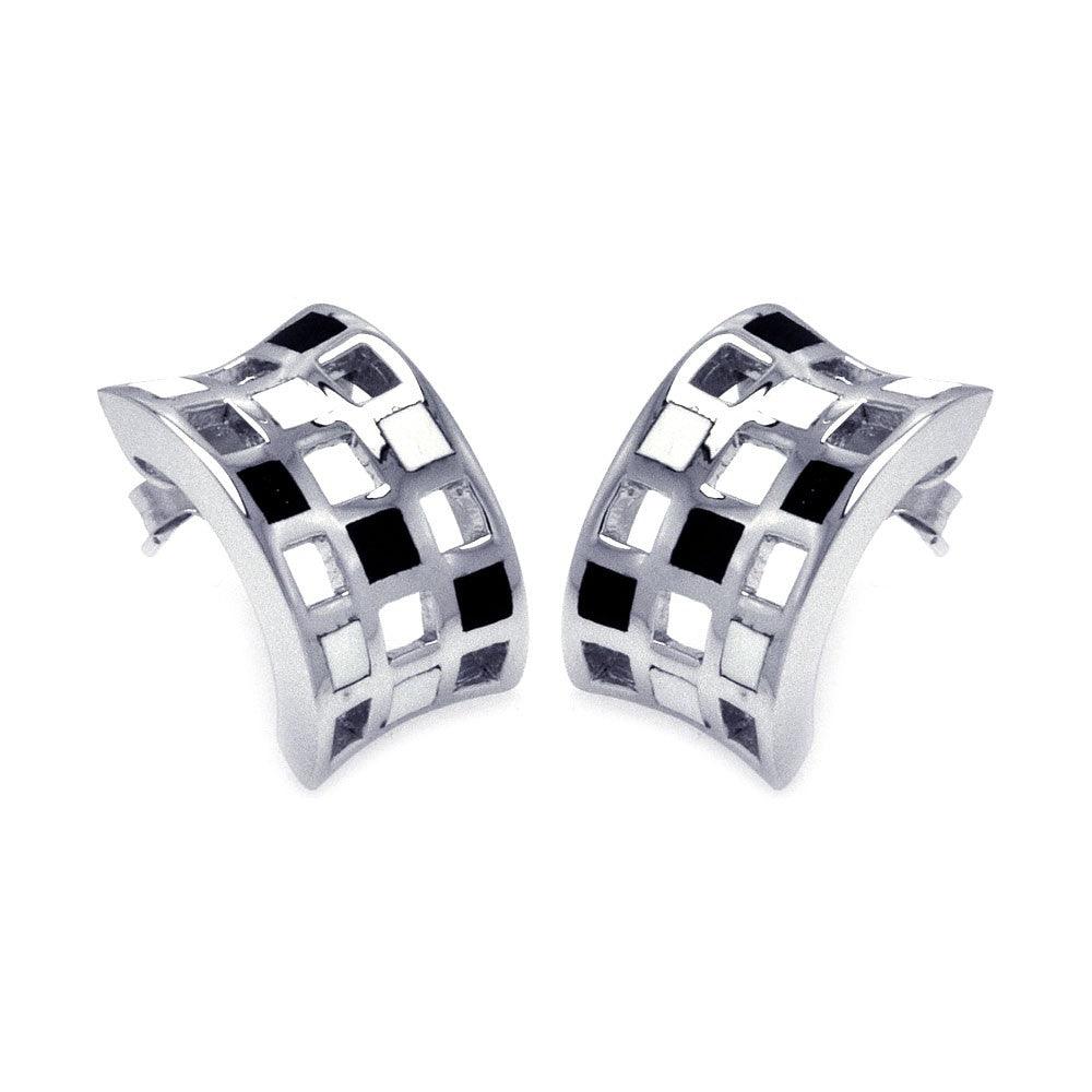Silver 925 Rhodium Plated Half Circle Black and Clear CZ Stud Earrings - BGE00130