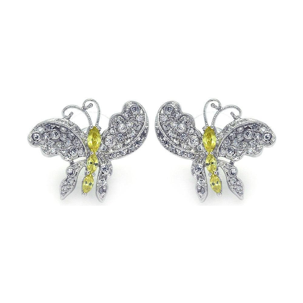 Silver 925 Rhodium Plated Yellow CZ Butterfly Stud Earrings - BGE00132