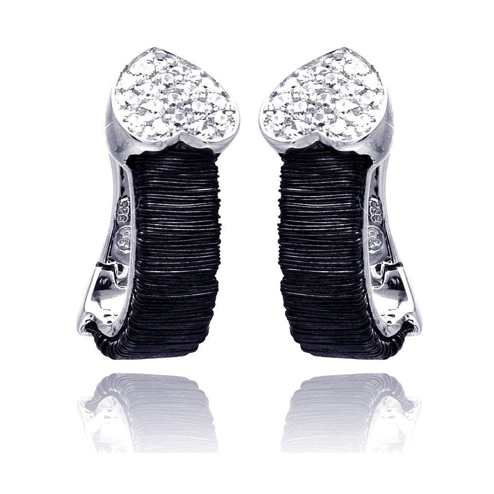 925 Rhodium Plated Heart CZ Inlay Black Onyx Lever Back Earrings - BGE00133