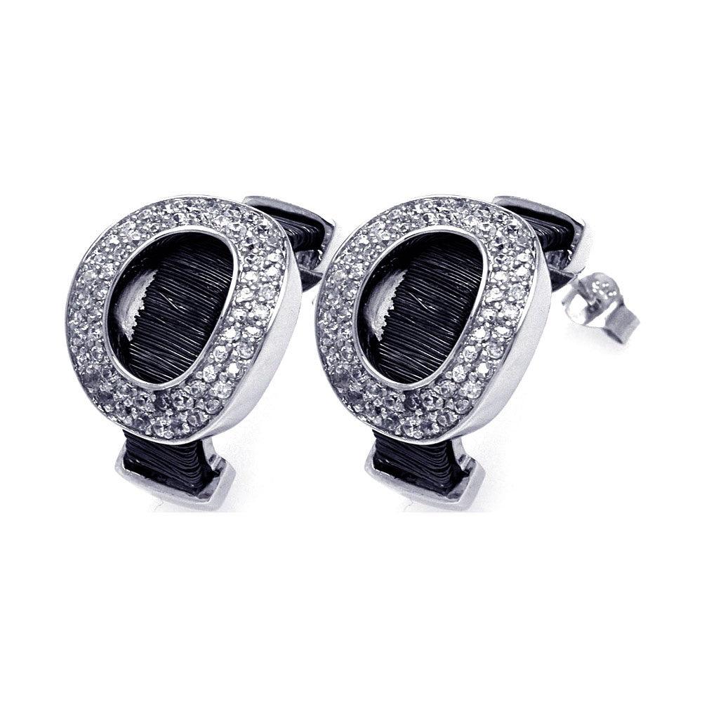 Silver 925 Black and Silver Rhodium Plated Oval Letter O CZ Stud Earrings - BGE00134