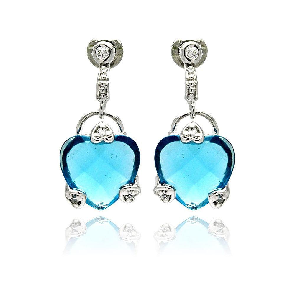 Silver 925 Rhodium Plated Blue Heart CZ Dangling Earrings - BGE00191