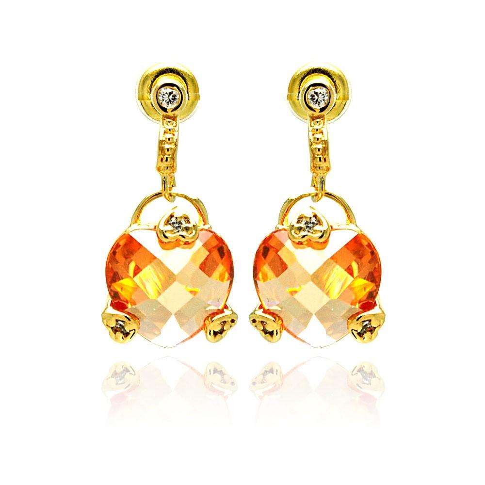 Silver 925 Gold Rhodium Plated Heart Champagne CZ Dangling Stud Earrings - BGE00192