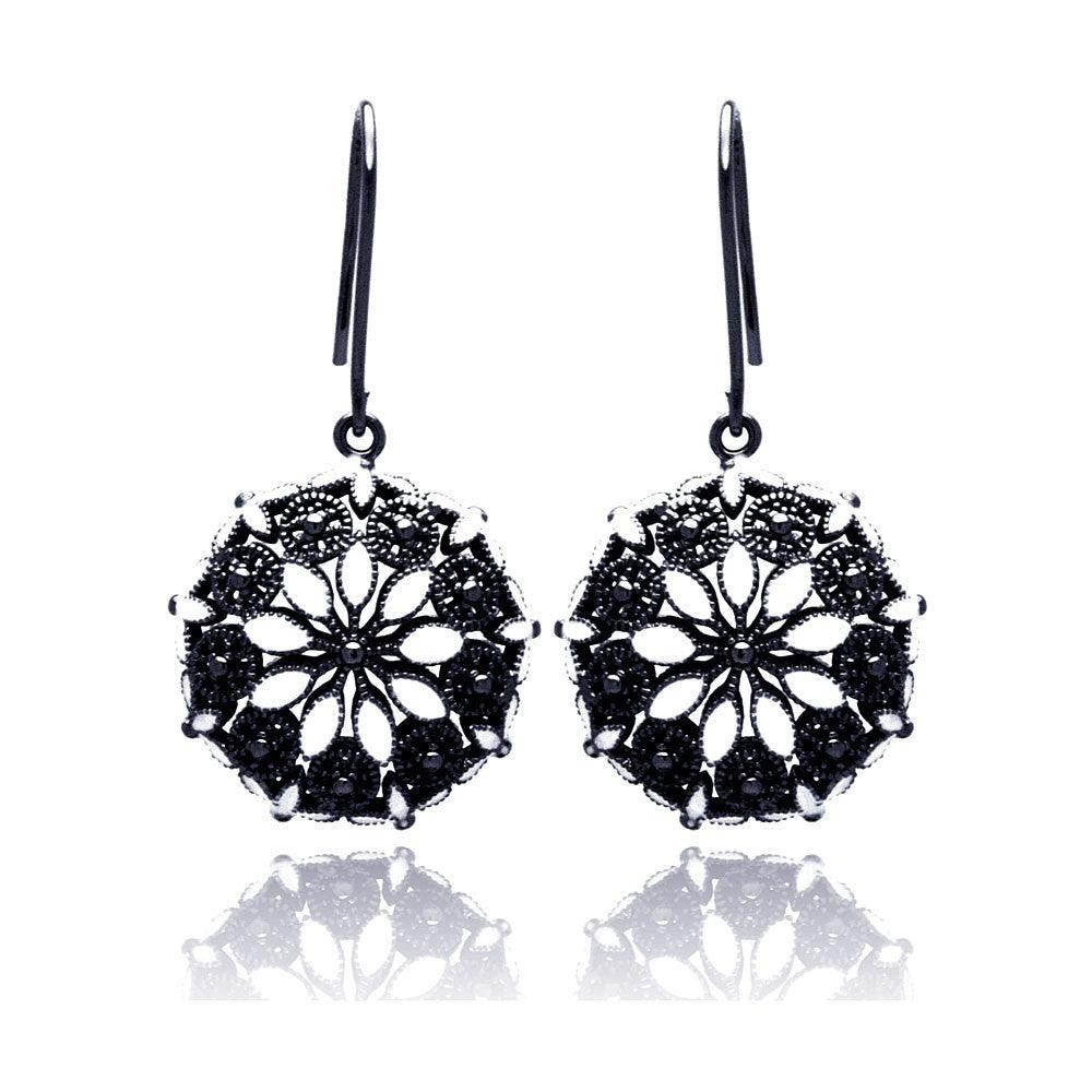 Silver 925 Black Rhodium Plated Round Marquis Clear CZ Dangling Hook Earrings - BGE00193