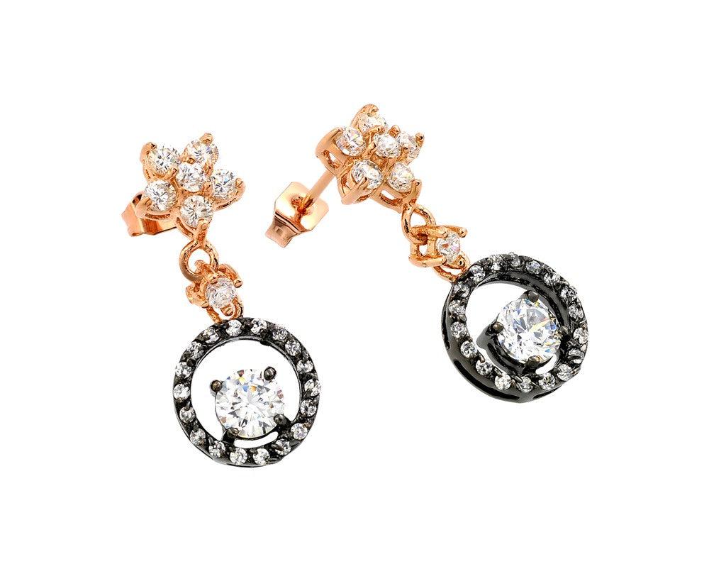 Silver 925 Rose Gold and Black Rhodium Plated Flower Round CZ Dangling Stud Earrings - BGE00284