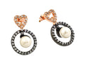 Silver 925 Rose Gold and Black Rhodium Plated Heart CZ Dangling Pearl Earrings - BGE00286