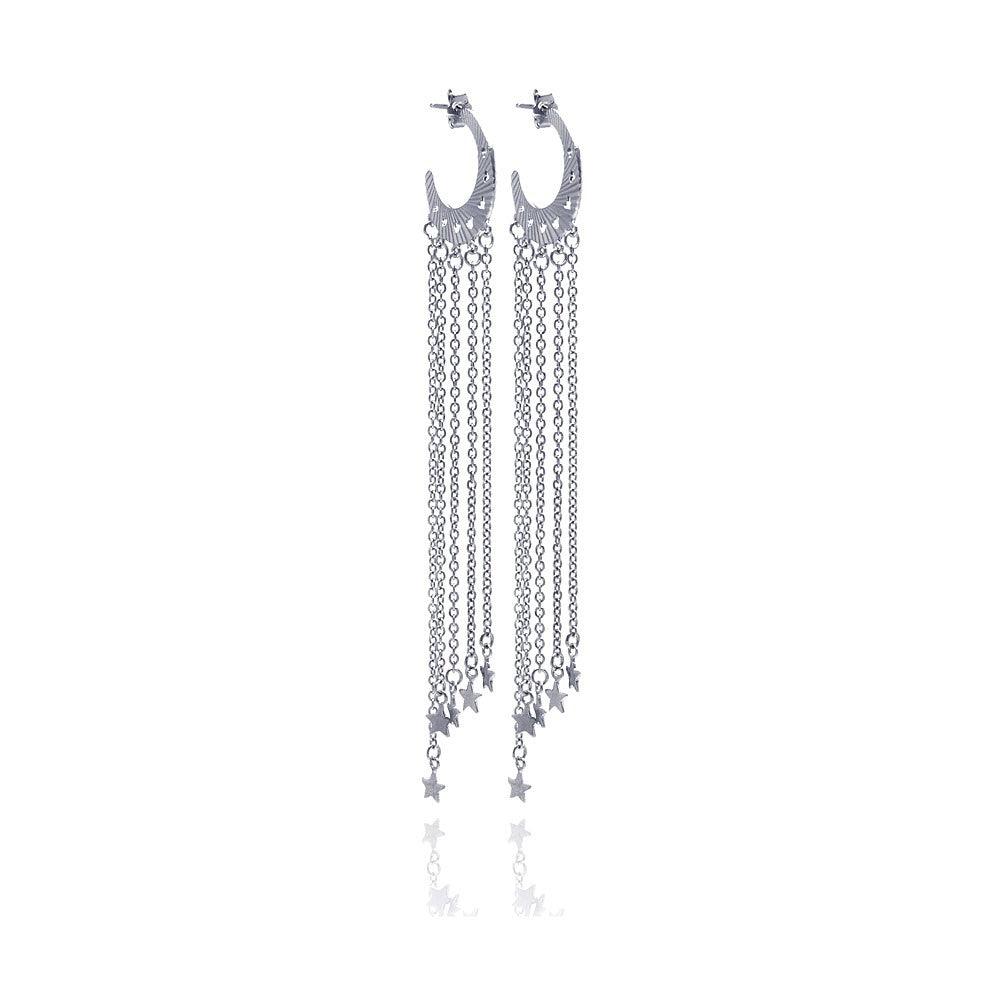 Silver 925 Rhodium Plated Heart Cut out Moon Shape Wire Dangling Star Earrings - STE00055