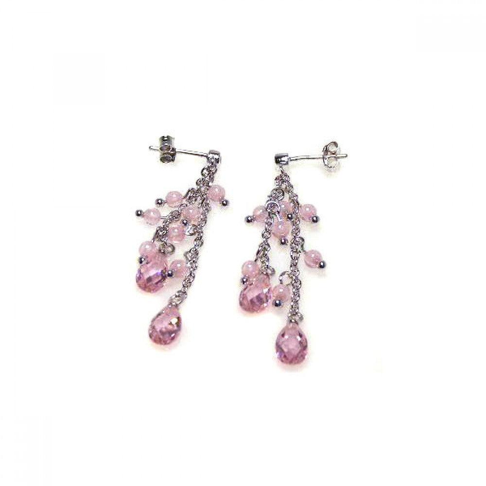 Silver 925 Rhodium Plated Pink Oval CZ Wire Dangling Earrings - STE00066