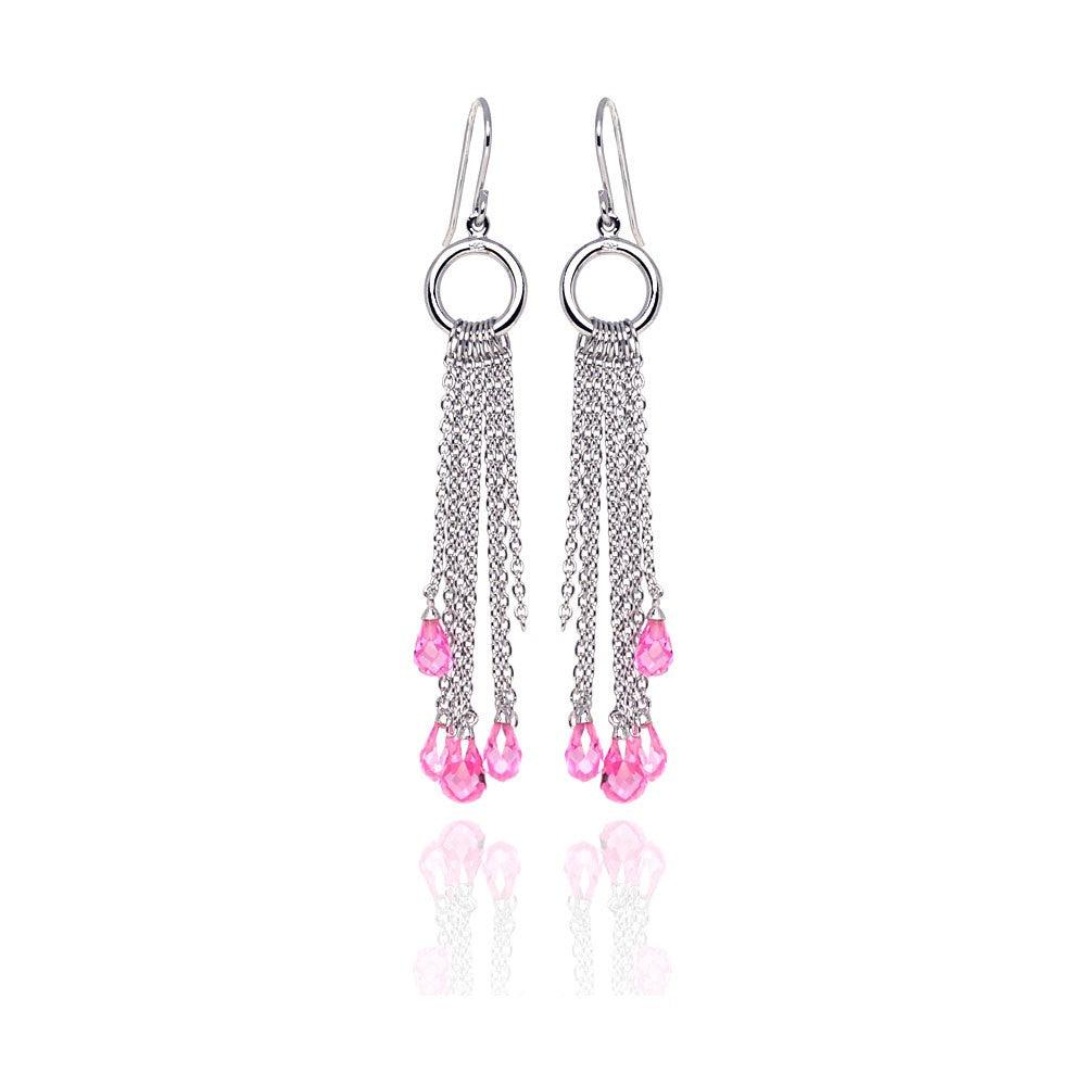 Silver 925 Rhodium Plated Pink Tear Drop CZ Multi Wire Dangling Hook Earrings - STE00072