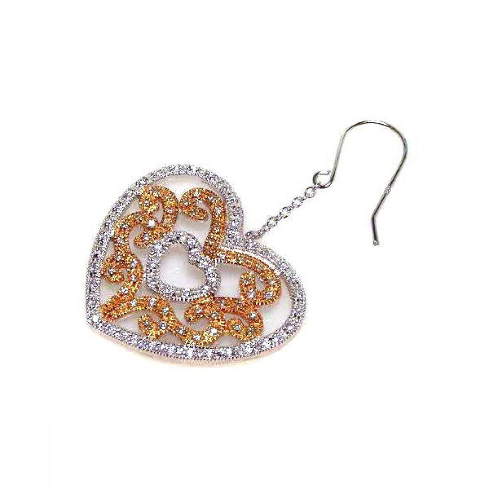 Silver 925 Rhodium Plated Clear Heart and Yellow Filigree CZ Wire Dangling Hook Earrings - STE00106