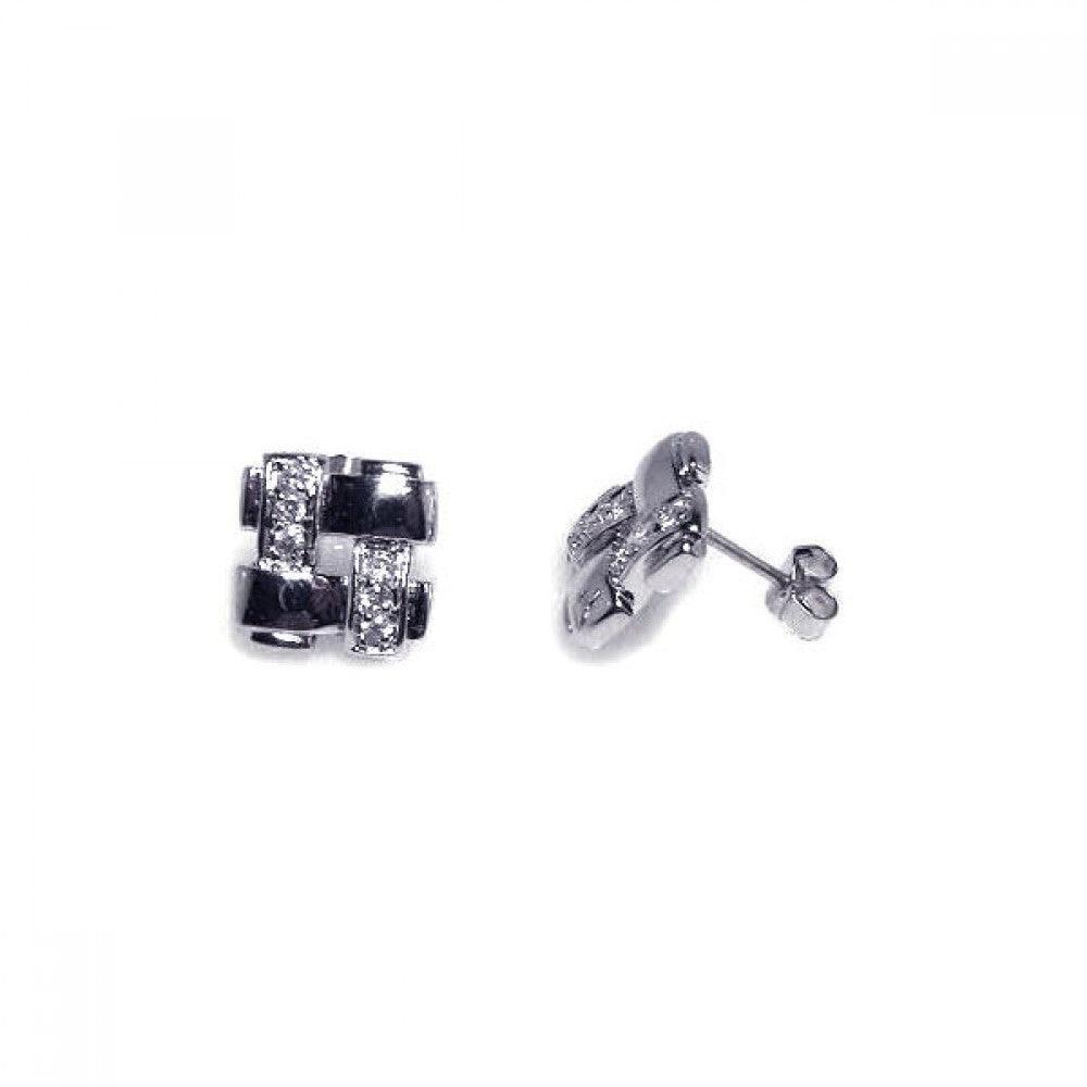 Silver 925 Rhodium Plated Weaved Square CZ Stud Earrings - STE00149