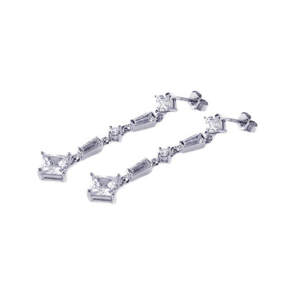 Silver 925 Rhodium Plated Baguette and Square CZ Dangling Earrings - STE00214