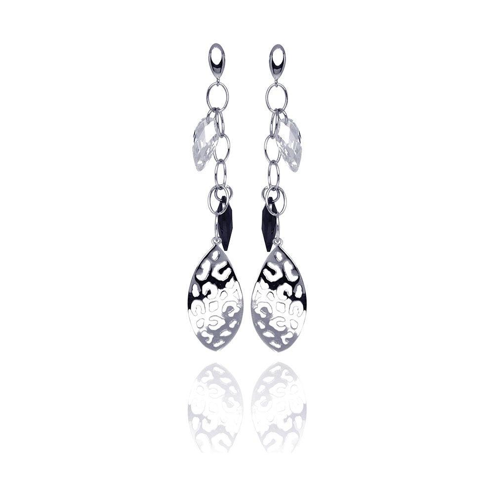 Silver 925 Rhodium Plated Black and Clear Marquise CZ Flat Filigree Wire Dangling Stud Earrings - STE00290BLK
