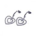 Silver 925 Rhodium Plated Graduated Two Heart CZ Dangling Semi-Hoop Earrings - STE00486
