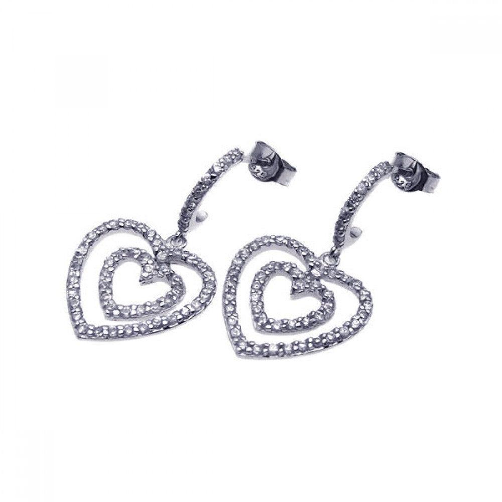 Silver 925 Rhodium Plated Graduated Two Heart CZ Dangling Semi-Hoop Earrings - STE00486