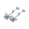 Silver 925 Rhodium Plated Butterfly CZ Dangling Wire Post Earrings - STE00527