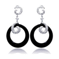 Silver 925 Rhodium Plated Coil J hook CZ Black Round Onyx Dangling Stud Earrings - STE00530