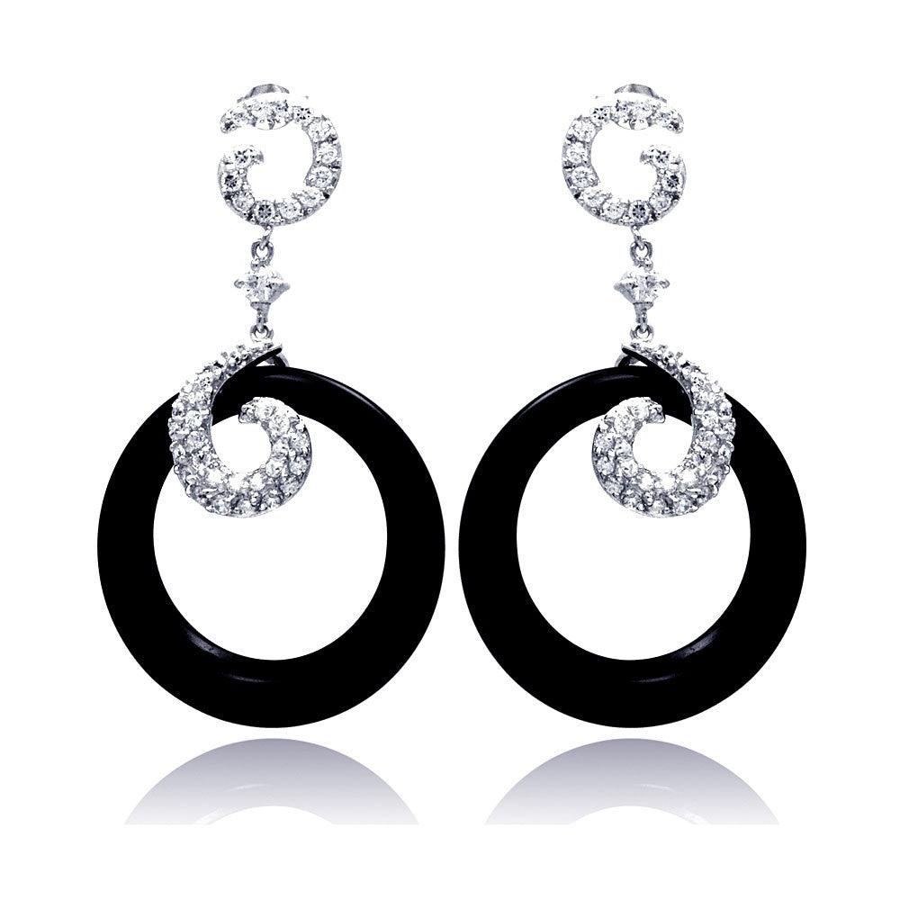 Silver 925 Rhodium Plated Coil J hook CZ Black Round Onyx Dangling Stud Earrings - STE00530