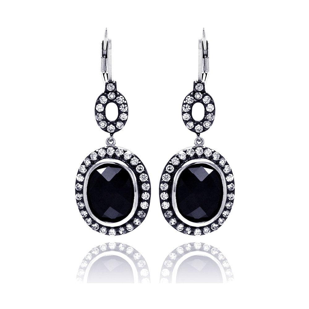 Silver 925 Rhodium Plated Black Round CZ Dangling Earrings - STE00534
