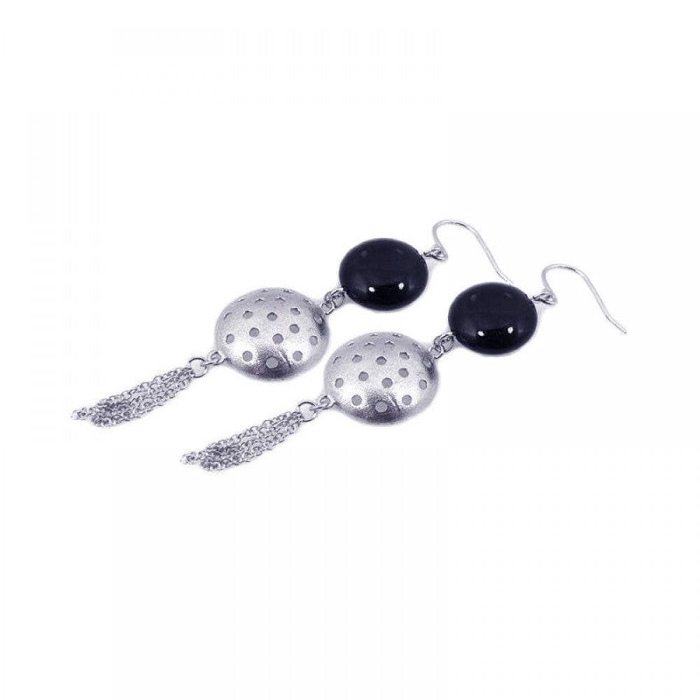 Silver 925 Rhodium Plated Round Half Golf Ball CZ Dangling Wire Multi Strand Hook Earrings - STE00535