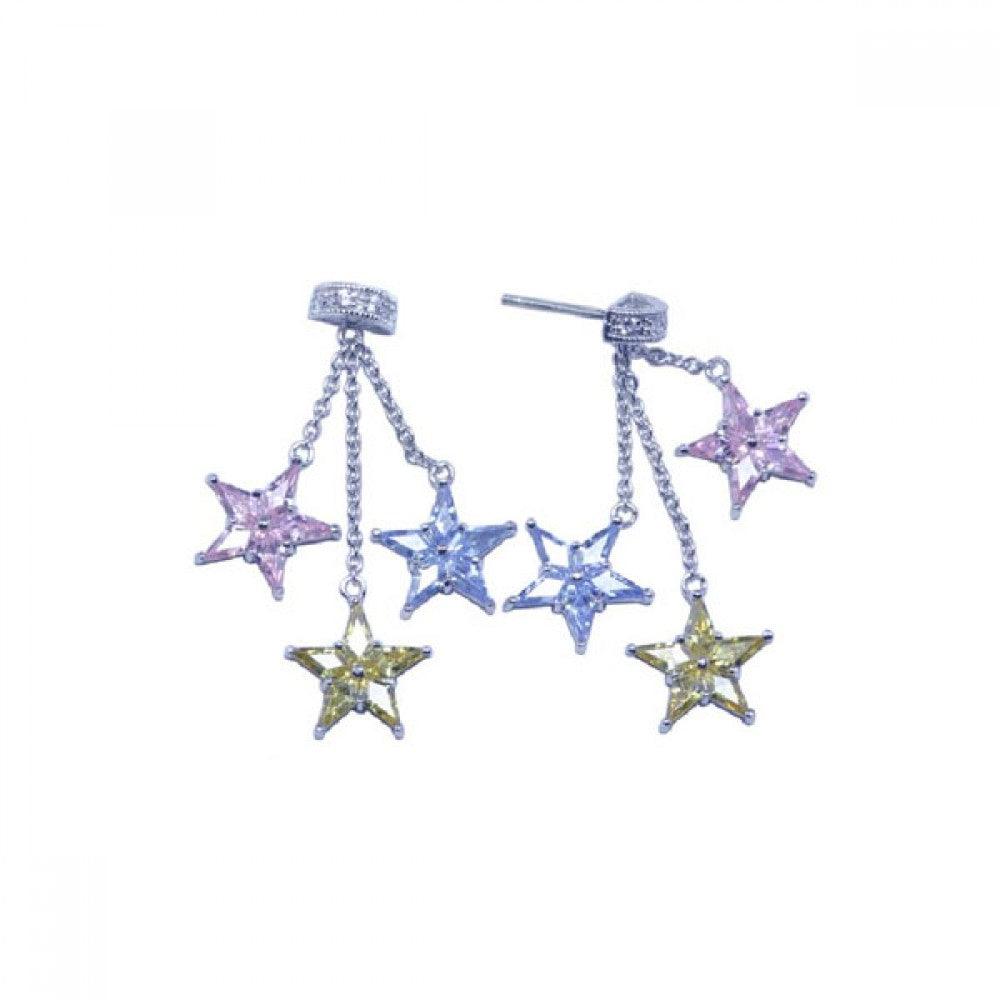Silver 925 Rhodium Plated Three Start Multi Color CZ Dangling Strand Stud Earrings - STE00610